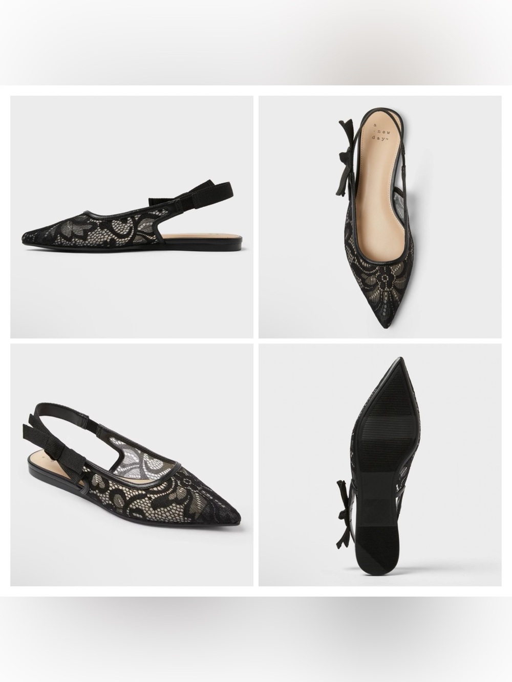 A New Day Goth Gothic Black Lace Pointed Toe Slingback Flats Sandals 6.5 6 1/2
